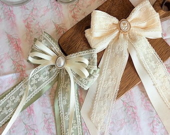 Handmade Embroidered Floral Lace Bow- Vintage Long Tail Bow Clip- Coquette Hair Accessory- Pearl or Cameo Center- Bridal Gift