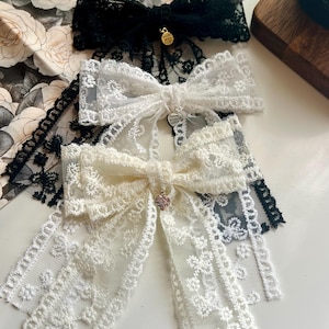 Handmade along Tail White Lace Bow: Elegant Bridal Hair Clip