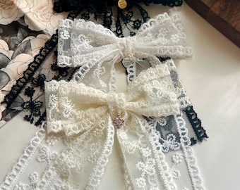 Handmade Long Tail White Lace Bow: Elegant Bridal Hair Clip