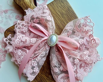 Handmade Pink Emboidered Lace Hair Bow – Vintage Inspired with Pearl Center