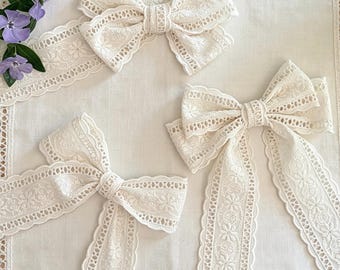 Handmade Embroidered Floral Lace Hair Bow: Bridal, Girl Hair Clip Bow