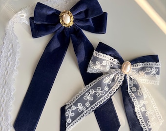 Handmade Navy Velvet Bow with Faux Pearl Center - Romantic Elegant Accessory