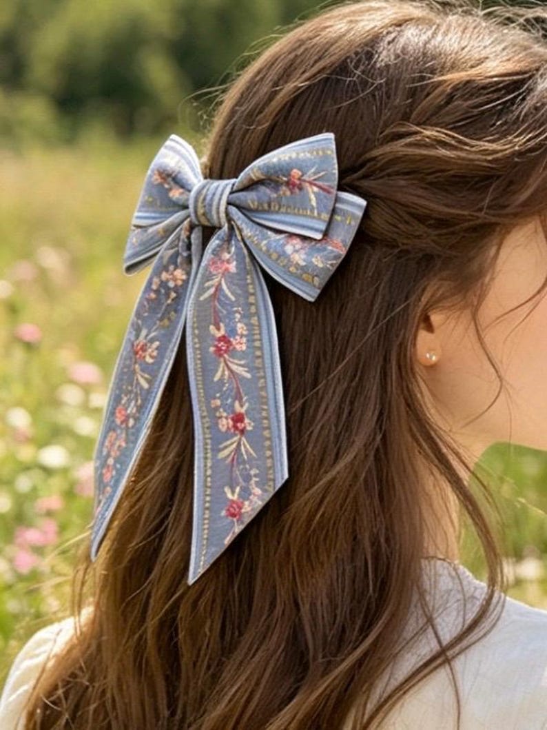 May include: A blue hair bow with a floral pattern is secured in the hair. The bow features a light blue background with vertical stripes and a floral design in pink and green. The bow is tied in a classic bow shape with long, flowing tails.