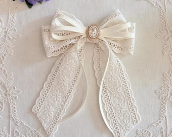 Handmade Vintage Embroidered Floral Lace Hair Bow – Romantic Cottagecore Ribbon Bow with Cameo Centerpiece