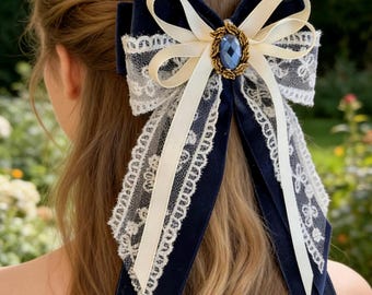 Handmade Navy Velvet Lace Hair Bow – Vintage Pearl Brooch Bow, Elegant French Style Hair Clip- Romantic Hair Accessories