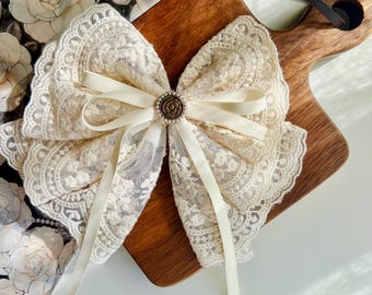 Handmade Vintage Ivory Embroidered Lace Hair Bow – Elegant Ivory Ribbon Accessory