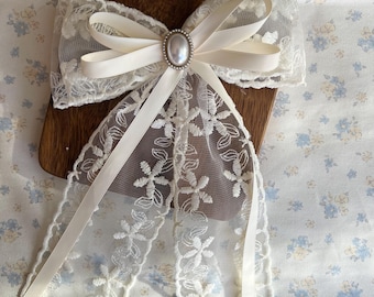 Handmade Embroidered Floral Lace Bow: Bridal Hair Clip with Faux Pearl