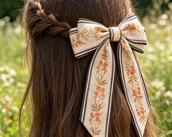 Handmade Vintage Style Embroidered Floral Ribbon Hair Bow - Elegant Hair Bow with Faux Pearl