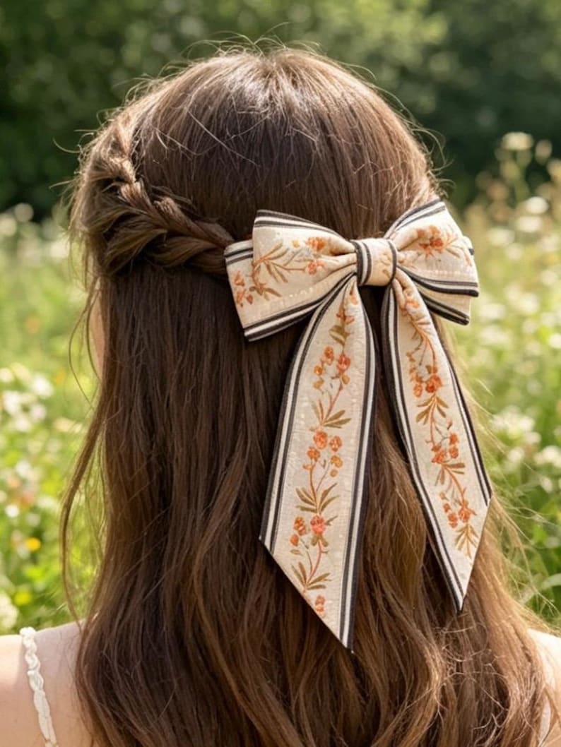 May include: A cream-colored hair bow with a floral pattern and black stripes is attached to brown hair. The bow is tied in a large bow shape with long, flowing ribbons. The floral pattern includes orange and green accents.