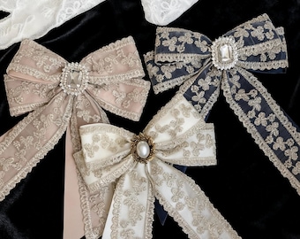 Handmade Large Embroidered Floral Lace and Ribbon Bow: Bridal Hair Clip - Elegant Hair Bow with Faux Pearl and Crystal