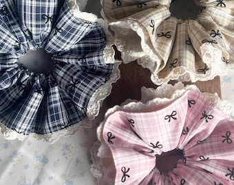 Handmade 4-Layer Cotton Lace & Bow Plaid Scrunchie – Vintage Cottagecore Oversized Jumbo Fall/ Winter Soft Hair Tie