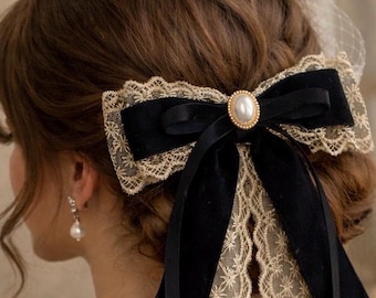 Handmade French Vinatge Style Black Velvet Lace Bow with Faux Pearl, Long Tail- Bridal Hair Bow