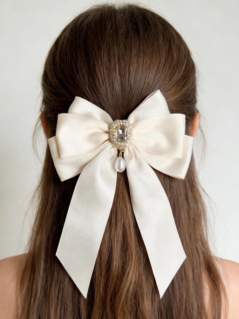 Handmade Ivory Satin Hair Bow – Bridal Accessory- Wedding Hair Clip - Elegant Hair Bow with Faux Pearl and Crystal image 1