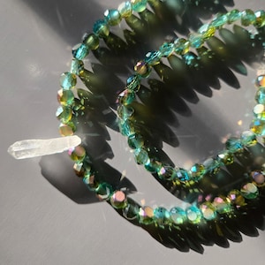 Sea Witch Necklace & Bracelet Set – Iridescent Blue-Green AB Glass Beads with Clear Quartz Pendant – Oceanic Ritual Jewelry