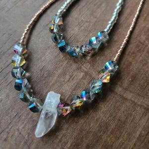 Andromeda Quartz Necklace – Iridescent Multicolor Glass & Quartz Crystal Point – Celestial Ritual Jewelry for Dreamers
