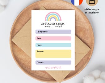 Carte d'invitation anniversaire Arc-en-ciel à télécharger et imprimer - en français
