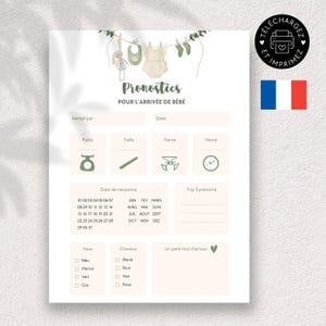以下が含まれることがあります： フランス語で「Pronostics POUR L'ARRIVÉE DE BÉBÉ」と書かれた、印刷可能なベビーシャワーゲームシート。赤ちゃんの体重、サイズ、性別、時間などのセクションがあり、ベビー服のイラストが描かれています。