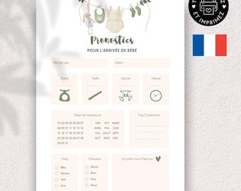Jogo de previsão de nascimento francês para imprimir | jogo de chá de bebê | previsões de nascimento | chá de bebê | revelação do sexo do bebê