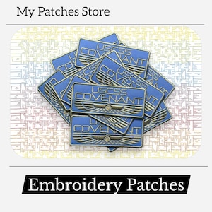 May include: A pile of blue rectangular embroidery patches with gold trim and the text "USCSS COVENANT". The patches also feature a gold winged emblem. The text "Embroidery Patches" is at the bottom of the image.