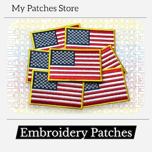 May include: A collection of embroidered American flag patches. Each patch features a blue field of stars and red and white stripes, outlined in gold. The patches are stacked on a patterned background. The text "My Patches Store" and "Embroidery Patches" are also visible.