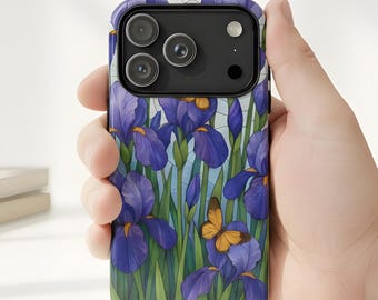 Purple Iris Flower Phone Case Botanical Butterfly iPhone 17 16 15 14 13 12 11 Pro Max Mini Plus Air Samsung Galaxy S25 S24 S23 S22 Pixel 9 8