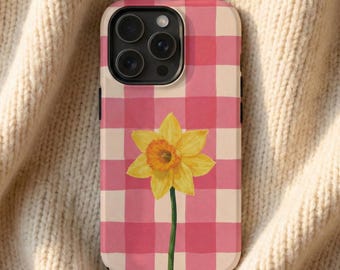 Gingham Yellow Daffodil Phone Case Pink Checkered Floral Cottagecore Case for iPhone 17 16 15 14 13 Pro Max Plus Mini Air Galaxy S25 S24 S23