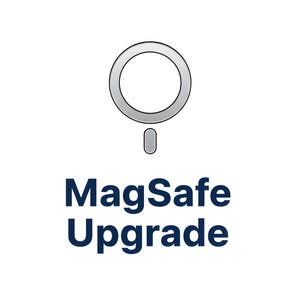 May include: A graphic with a silver ring and a small rectangle below it, set against a white background. The text "MagSafe Upgrade" is displayed in dark blue, sans-serif font below the ring.