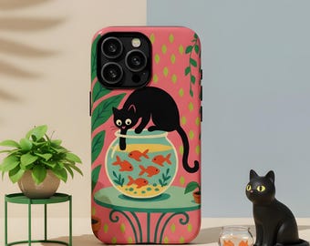 Coque de téléphone amusante avec chat, chat noir, coque de bol de poisson rouge pour iPhone 17 16 15 14 13 12 11 Pro Max Mini Plus Air Galaxy S25 S24 S23 S22 Pixel 9