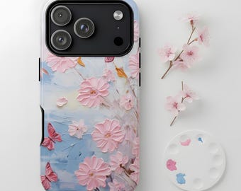 Pink Floral Butterfly Phone Case Pastel Aesthetic Spring Art Cover for iPhone 17 16 15 14 13 12 11 Pro Max Mini Plus Air Galaxy S25 S24 S23