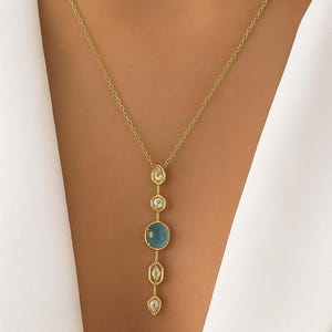 Blue Stone Pendant Necklace: Gold Stainless Steel Long Drop Jewelry