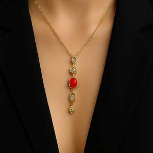 Gold Stainless Steel Necklace: Red Stone Geometric Pendant