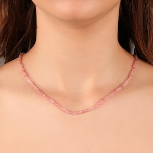 Pink Beaded Choker: Rose Quartz Crystal Necklace, Minimalist Jewelry