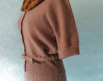 1950's Boucle Belted Sweater and Skirt with Mink Collar and Sweater Clip