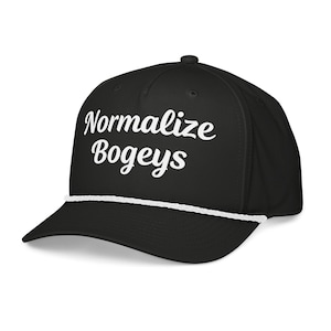 May include: Black trucker hat with a white rope trim and the text "Normalize Bogeys" in white cursive lettering.