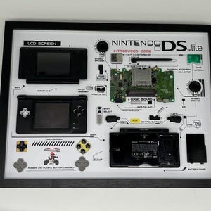 May include: Framed display of Nintendo DS Lite components. The black frame encloses a white background showcasing the console's parts, including the LCD screen, logic board, and battery cover. Text labels identify each component, with the Nintendo DS Lite logo visible.