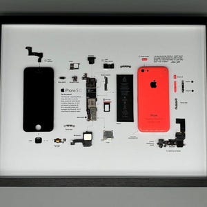 Puede incluir: Obra de arte enmarcada que muestra los componentes desmontados de un iPhone 5C. La imagen incluye un contorno de teléfono negro, un teléfono rojo brillante y varias piezas internas. Las etiquetas de texto identifican cada componente, creando una exhibición educativa y artística.