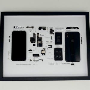 Könnte beinhalten: Gerahmter Druck eines zerlegten iPhone X, das seine internen Komponenten zeigt. Der schwarze Rahmen umgibt einen weißen Hintergrund mit beschrifteten Telefonteilen. Enthält den Text "iPhone X" und "Say Hello to the Future."