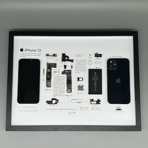 Gerahmtes iPhone 12 – Stylische Dekoration für Technik-Liebhaber im 3D Rahmen, Handy Bilderrahmen,  Teardown, zerlegtes IPhone
