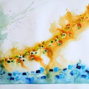 May include: Abstract watercolor painting with a white background. The artwork features a blend of colors, including blue, green, yellow, and orange, creating a dynamic and textured composition. Splatters and washes of color add depth and visual interest to the piece.