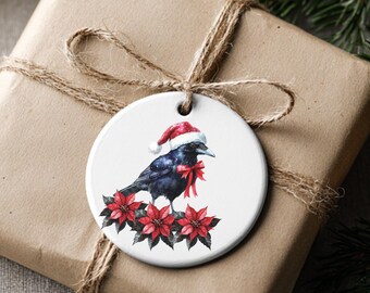 Christmas Crow Ornament | Gothic Holiday Décor | Raven with Santa Hat & Poinsettias Ornament | Dark Christmas Aesthetic | Gothmas Ornament