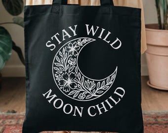 Stay Wild Moon Child Tote Bag | Black Celestial Boho Bag| Witchy Aesthetic |Floral Crescent Moon | Eco-Friendly Tote Bag | Black and White