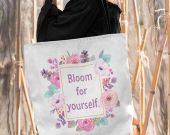 Krachtige draagtas | Bloei voor jezelf | Inspirerende draagtas bloemen | Zelfliefdecitaat en aquarelbloemen | Milieuvriendelijke draagtas