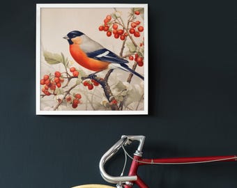 Lámina de acuarela de camachuelo / Arte mural de aves del bosque / Decoración botánica natural / Descarga instantánea