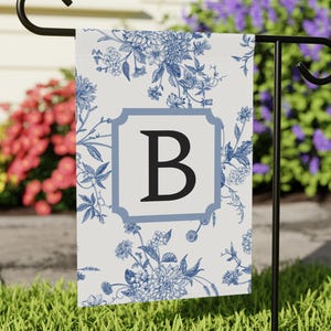 Monogramed Garden Flag | Vintage Toile Personalized Yard Decor | Personalized Garden Flag | Blue and White Yard Flag | Double Sided Flag