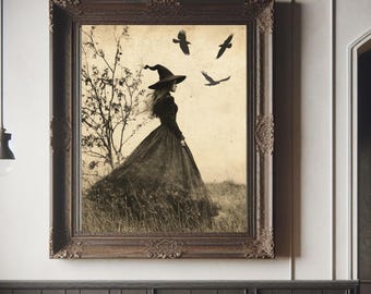 Witch in the Wind | Gothic Crow Witch Digital Art Print | Dark Cottagecore Wall Decor | Gallery Wall Print | Vintage Witch Photo