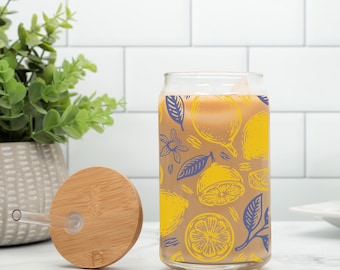 Lemon Glass Can Cup | Lemon Iced Coffee Tumbler | Summer Citrus Sipper with Bamboo Lid