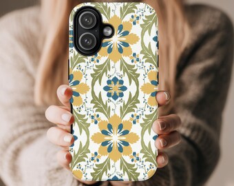 Retro Floral Phone Case | Mustard Yellow Botanical iPhone Case | Vintage Flower Pattern Phone Cover