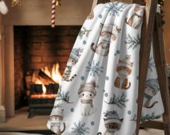 Cozy Christmas Cat Throw Blanket | Cute Winter Kittens Holiday Blanket | Cats in Scarfs and Hats | Holiday Gift for Cat Lover