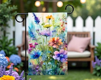Bandera de jardín con acuarela de flores silvestres / Bandera de jardín con flores silvestres / Bandera de jardín floral / Bandera de jardín con flores silvestres / Bandera de jardín de colores brillantes