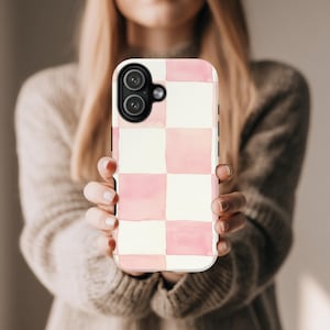 Pink Checkered Phone Case | Watercolor Gingham Aesthetic iPhone Cover | Magnetic Tough Case | Matte or Glossy iPhone Cover